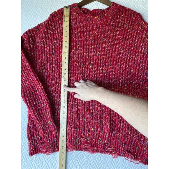 Main Strip Distressed Mini Pom Pom Confetti Sweater Red Multi Size LARGE Womens - Picture 6 of 9